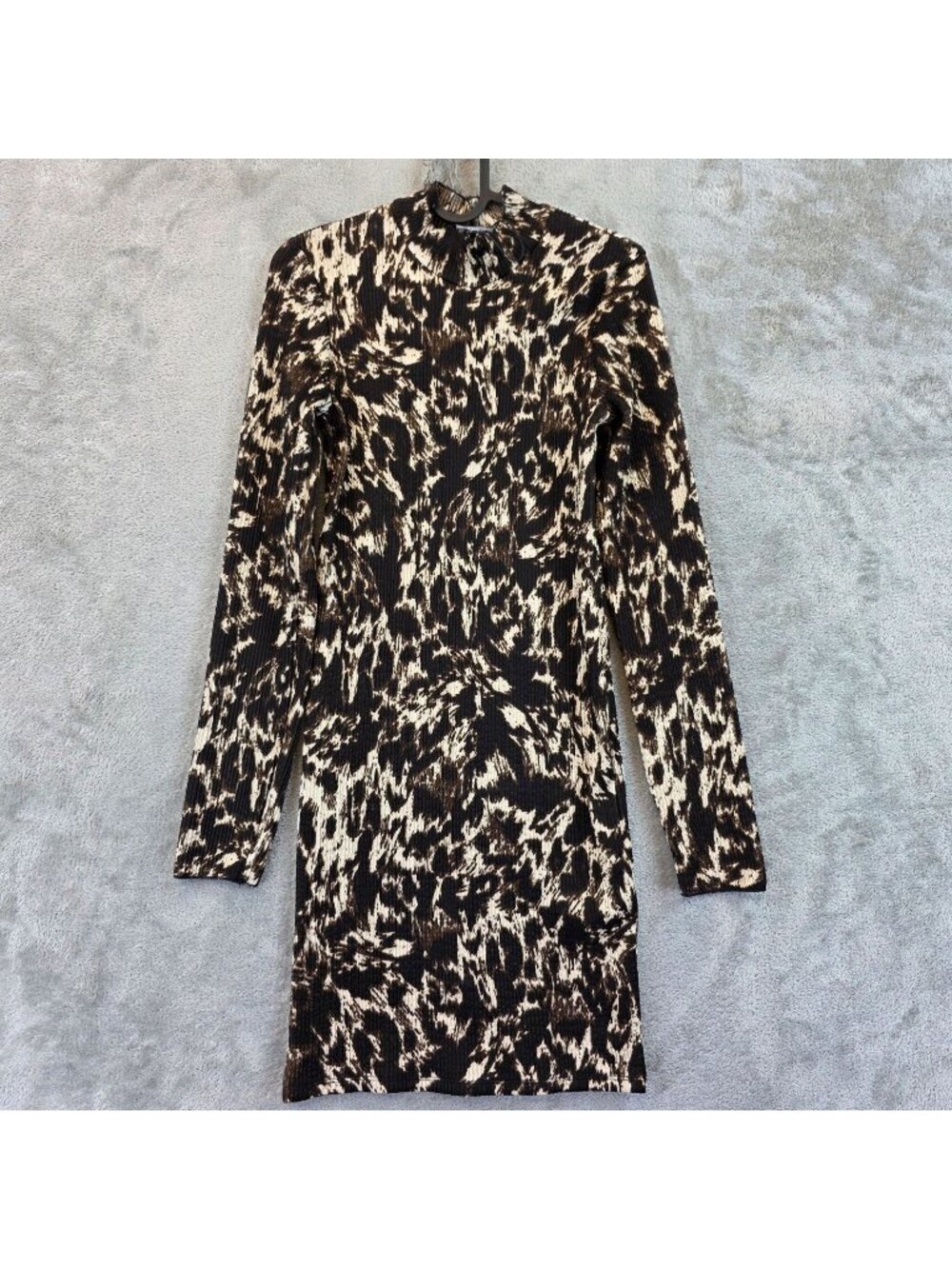 Zara Dress Womens S Brown Jacquard Animal Print Mock Neck Bodycon Knit Mini